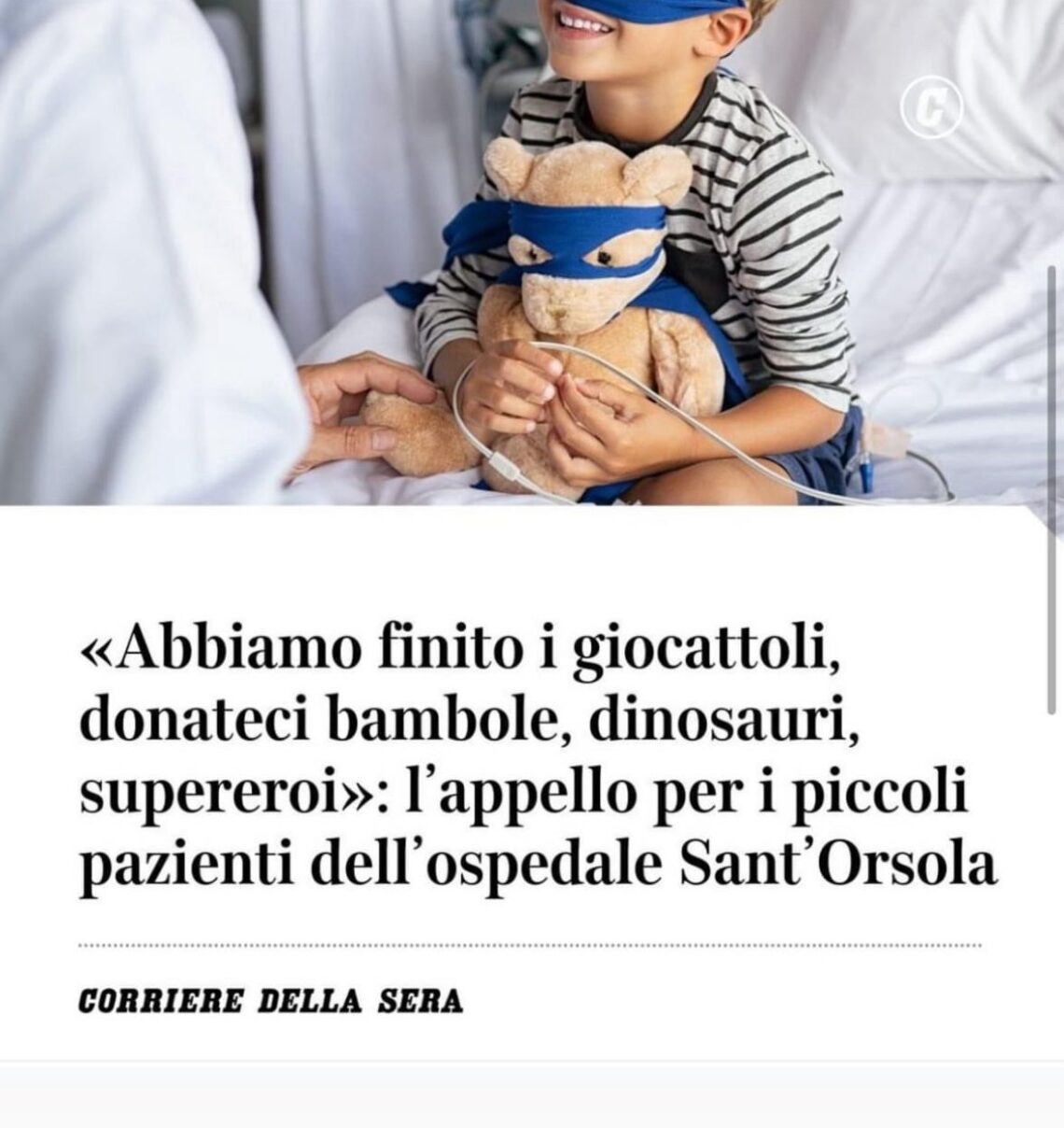 Immagine che rappresenta un titolo di giornale che fa richiesta pubblica di giocattoli per i picocli pazienti dell'Ospedale Sant'Orsola